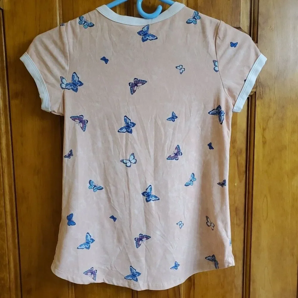 Belle du Jour Medium T-Shirt Girls Peach Butterfly Ringer Pocket Tee Casual Top